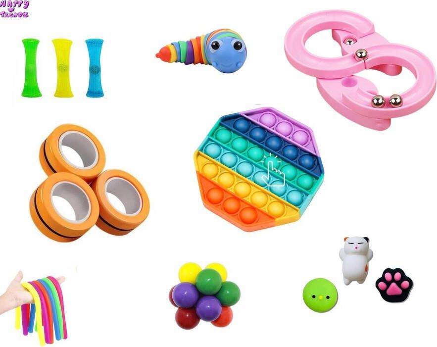 Happy trendz Fidget Toys SUPPER Pakket Set met 13 verschillende Fidget Toys: Fidget mood octopus sleutelhanger Fidget Stick Pop It Fidget luxe Fietsketting Chain Finger Stretch Fidget Pad controller MeshMarble Jumping TikTok
