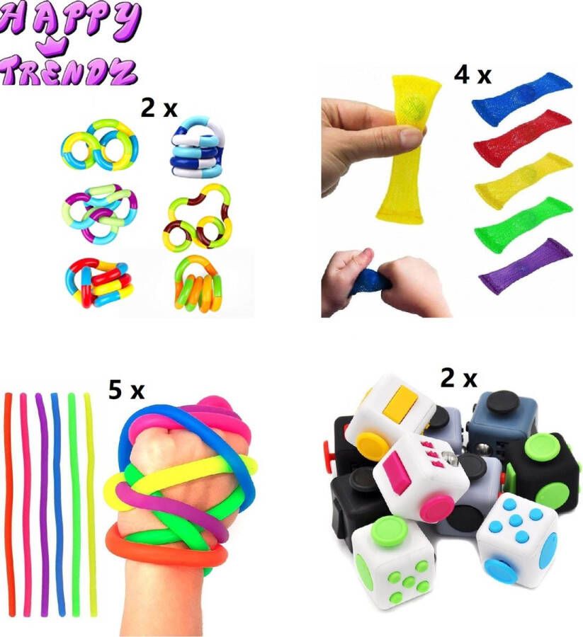 Happy trendz Mega Fidget Toys Pakket 13 Stuks fidget toys pakket Nieuwste TikTok Trend Mesh Marble Fidget Cube Fidget Pad friemel ketting