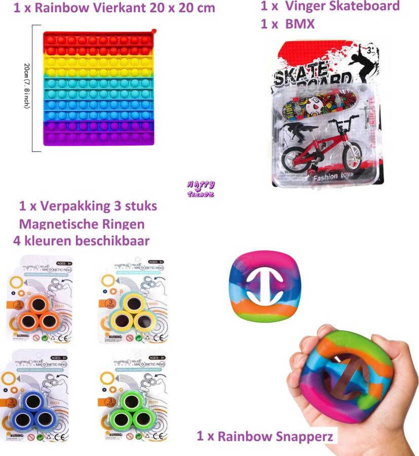 Happy trendz Pop It XL 20x20CM Rainbow Vinger Skateboard en Bmx Snapper Rainbow Magnetische Ringen Educatief Anti Stress Relief