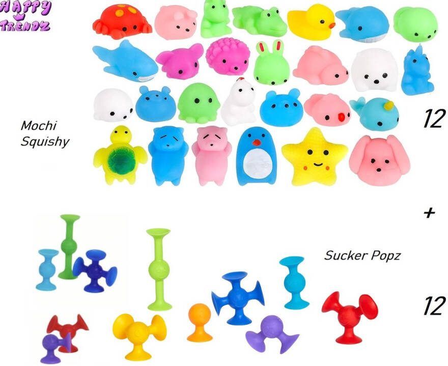 Happy trendz Set van 12 Stuks mochi squishy moochies + 12 Sucker Popz Pops PopDarts Game Trend bekend van TikTok Siliconen Dartpijlen Fidget Toys Pop Tarts Speelgoed Throw Darts Sinterklaas Kerstcadeau