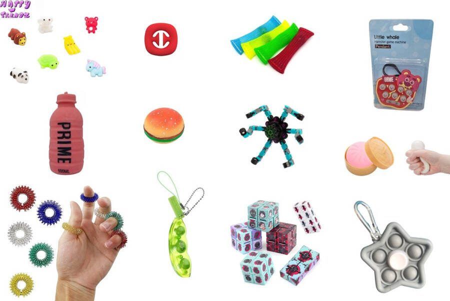 Happy trendz © Fidget Pakket box 15-Delig Super Doos Pakket vol cadeautjes en unieke verrassingen -Fidget Cube Key Chain Fidget Pad Mesh Marble- Monkey Noodles -Mood Octopus 20 cm Snapper Rainbow Simple Tiktok Top Fidgets