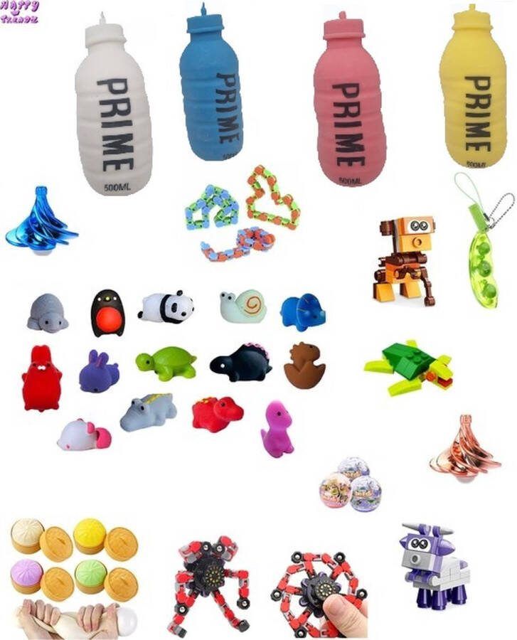 Happy trendz Tiktok 2024 Fidget toys pakket XL PAKKET Prime bottle fles squishy windblower fidget wacky track spinner wacky mochi squishy boontje fidget squishy dumpling ei bal met bouwstenen mystery dier