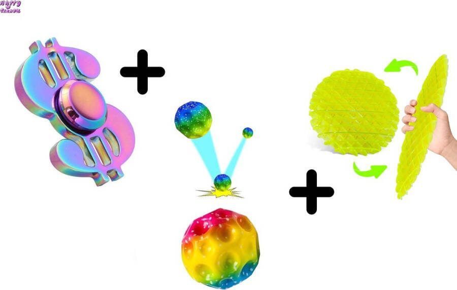Happy trendz Worm Morf Fidget Toy Ontspanningsknijp Kleur Geel Worm Morphing Ontspanningsspeelgoed inclusief Moon Nasa Ball Nieuwe fidget + Spinner Dollar Teken