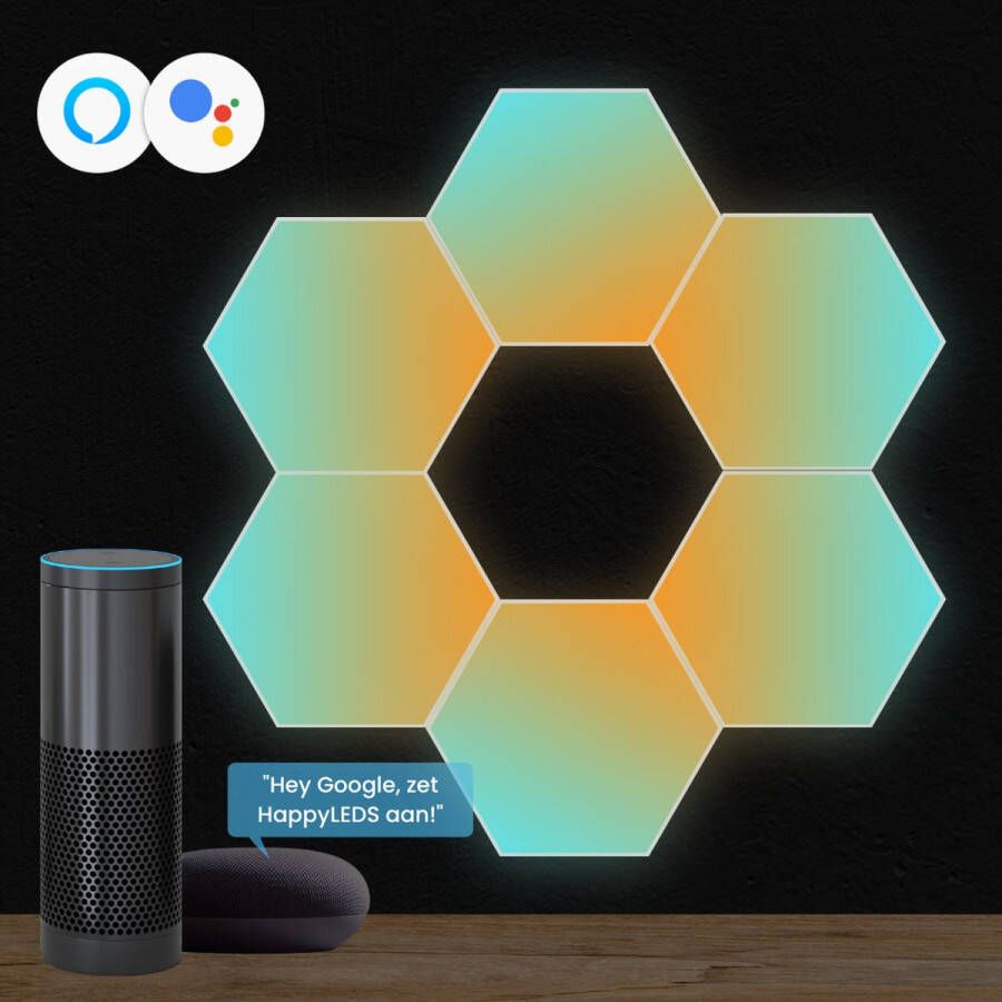 HappyLEDS Hexagon LED Lights Ultimate Wandlamp Binnen – RGB LED Verlichting Gaming Accesoires – Hexagon LED Panelen 6 Stuks Google Home & Amazon Alexa