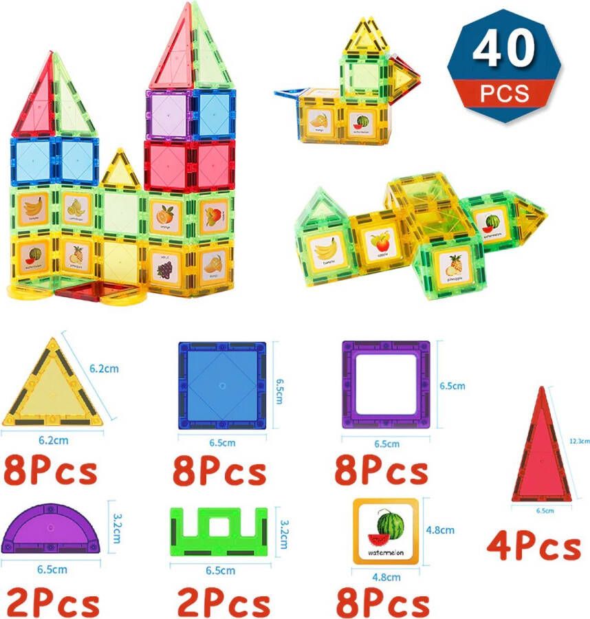 Happyment Bouwstenen set van 40 Magnetic Tiles Magnetische Bouwblokken Magnetic Toys Vanaf 3 jaar