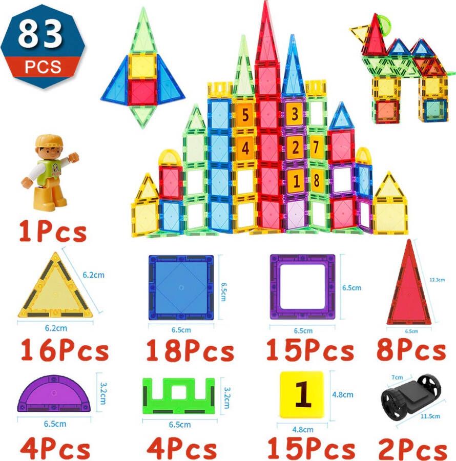 Happyment Magnetische Bouwstenen 83 stuks Magnetic Tiles Magnetische Bouwblokken Magnetic Toys Vanaf 3 jaar