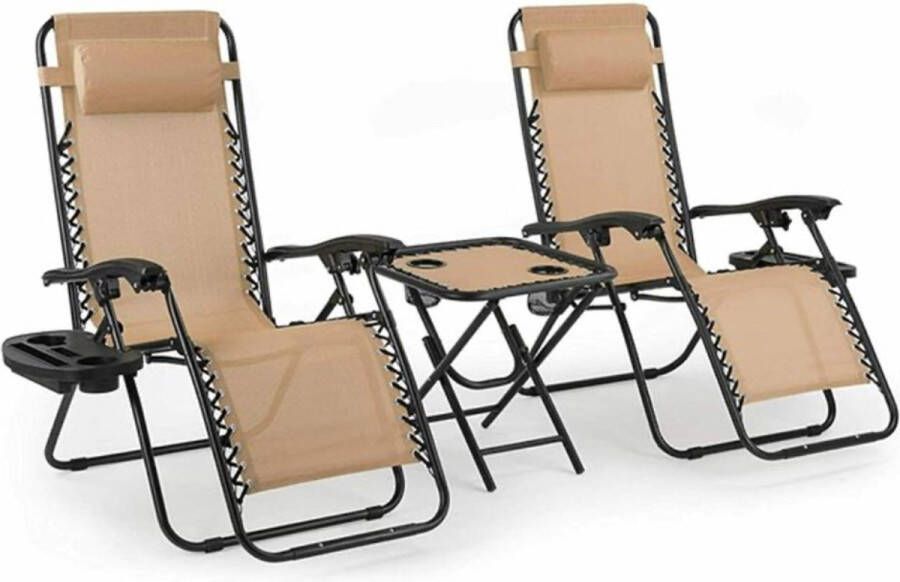 Happyment Opvouwbare strandstoelen 2 stuks Tuinstoelen met tafeltje Zonnebed 0° tot 160° Verstelbaar Beige