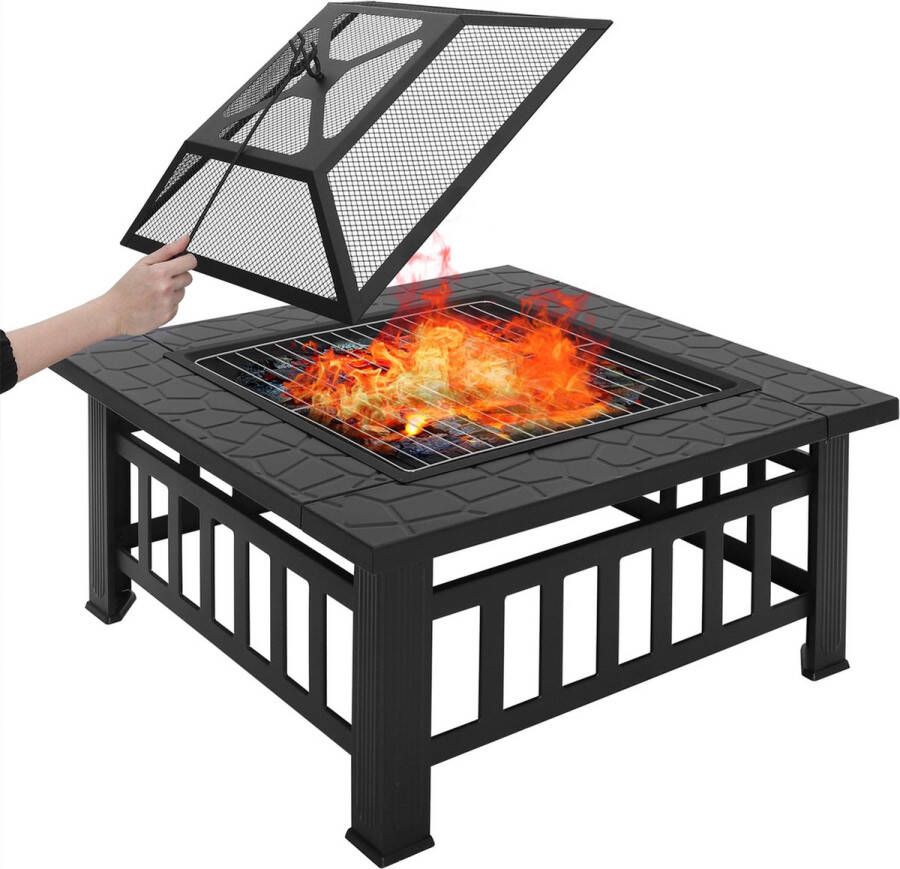 Happyment Vuurkorf voor buiten Vuurpit deluxe BBQ Met Vonkenscherm 81x81x32 5cm Metaal