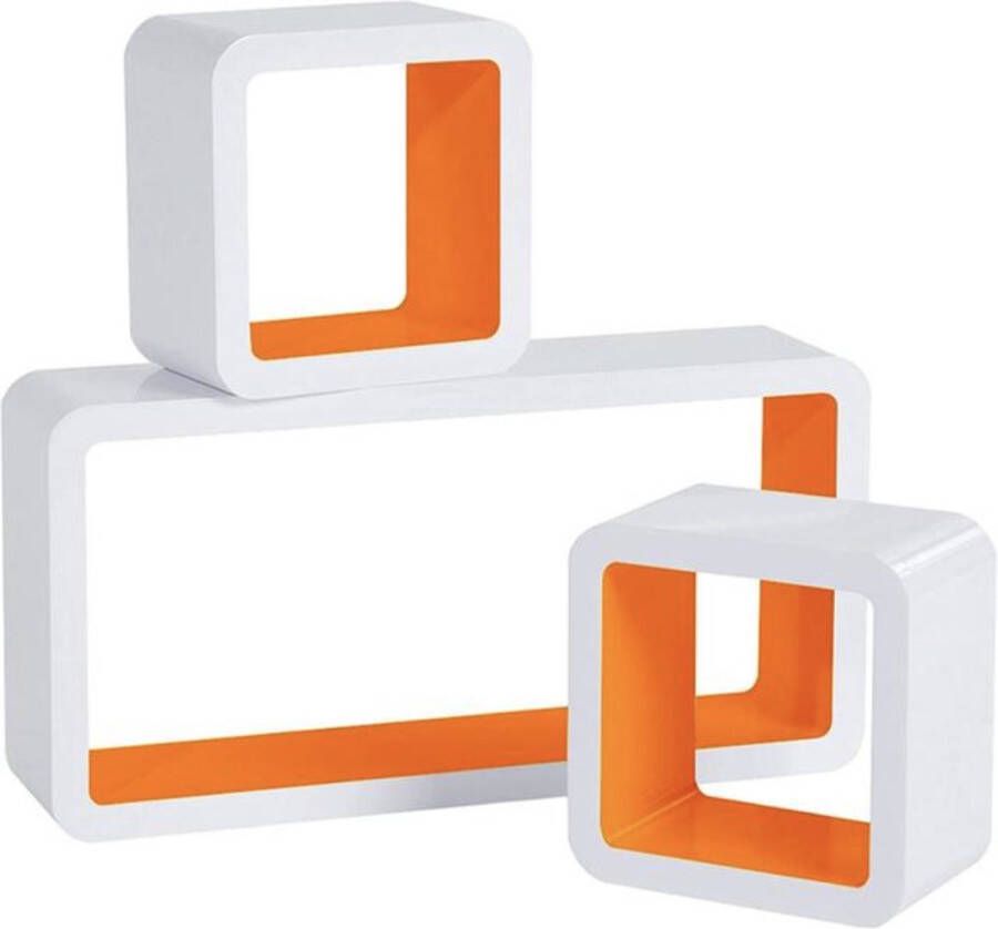 Happyment Wandplank Cube zwevend Oranje wit Voor tegen muur Set van 3 Wandplanken Wandrek Fotoplank kinderkamer Boekenplank Hout MDF