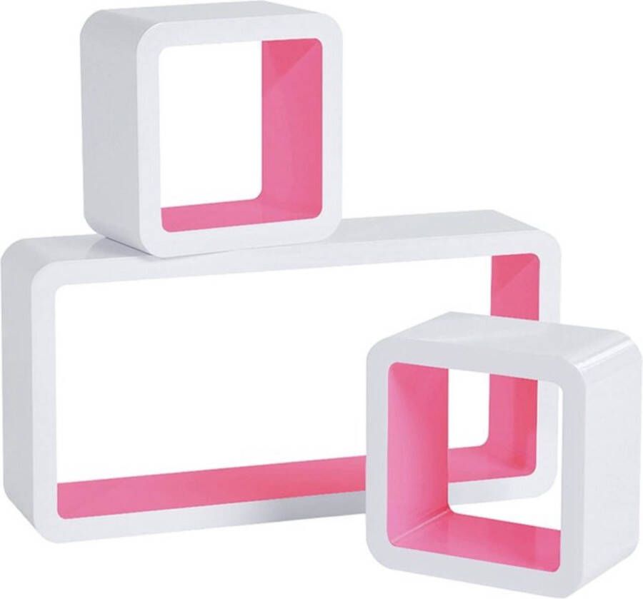 Happyment Wandplank Cube zwevend Roze wit Voor tegen muur Set van 3 Wandplanken Wandrek Fotoplank kinderkamer Boekenplank Hout MDF