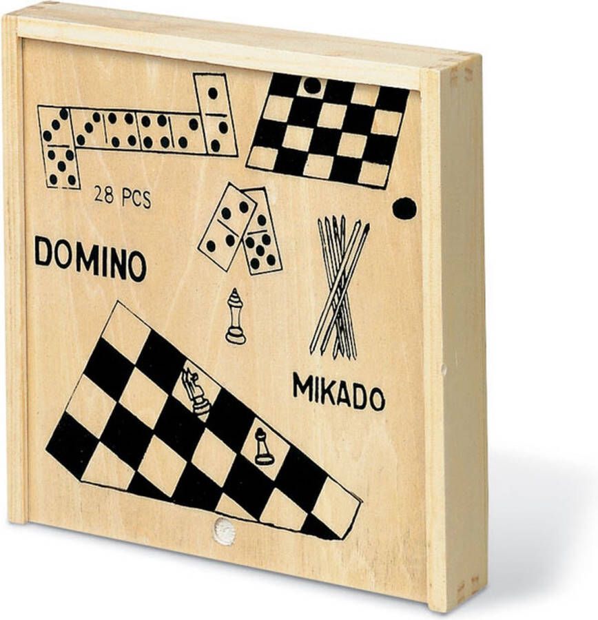 Happy Shopper 4 spellen in 1 – domino – mikado – dammen – schaken – houten doos – kinderen – volwassenen