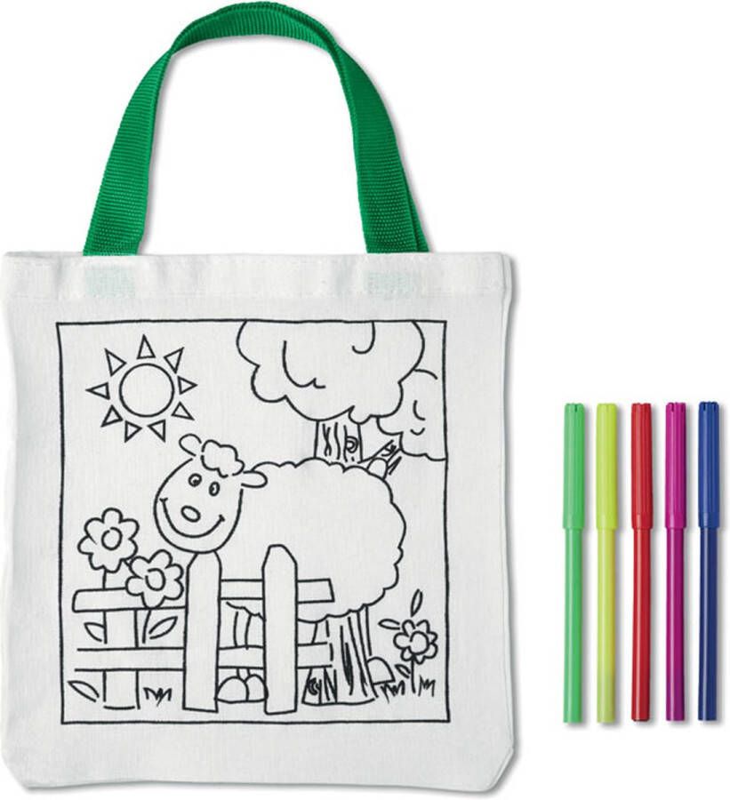 Happy Shopper Tekenset kleurset kinderen tekenen en kleuren kleur je eigen tas groen wit inclusief 5 kleurtjes 21 5 x 22 cm