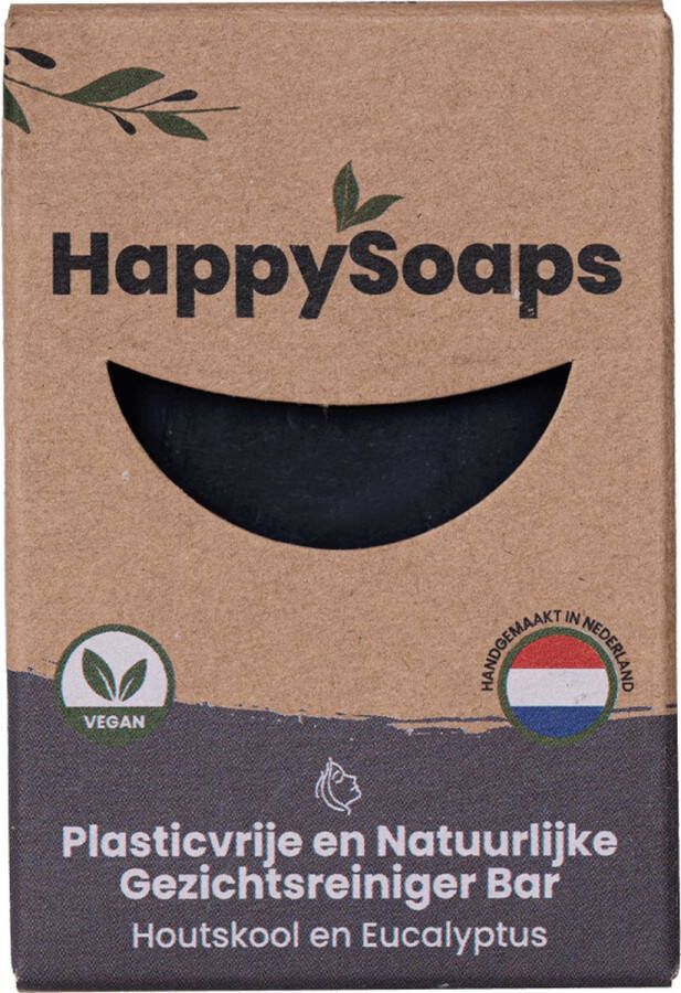 HappySoaps Gezichtsreiniger Bar & Make-up Remover Houtskool & Eucalyptus Fris Kruidig en Zoet 100% Plasticvrij Vegan & Natuurlijk 70gr