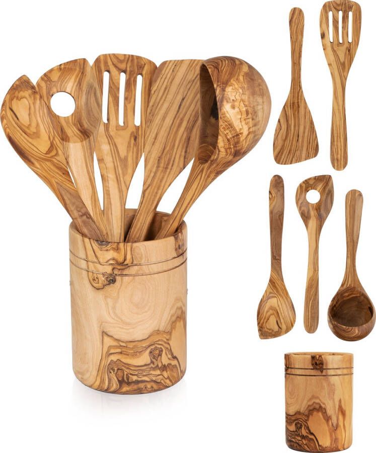 HappyWoods Kookgerei Set 6-Delig met Ronde Houder – Keuken Accessoires – Keukengerei uit Ecologisch Natuurlijk Olijfhout