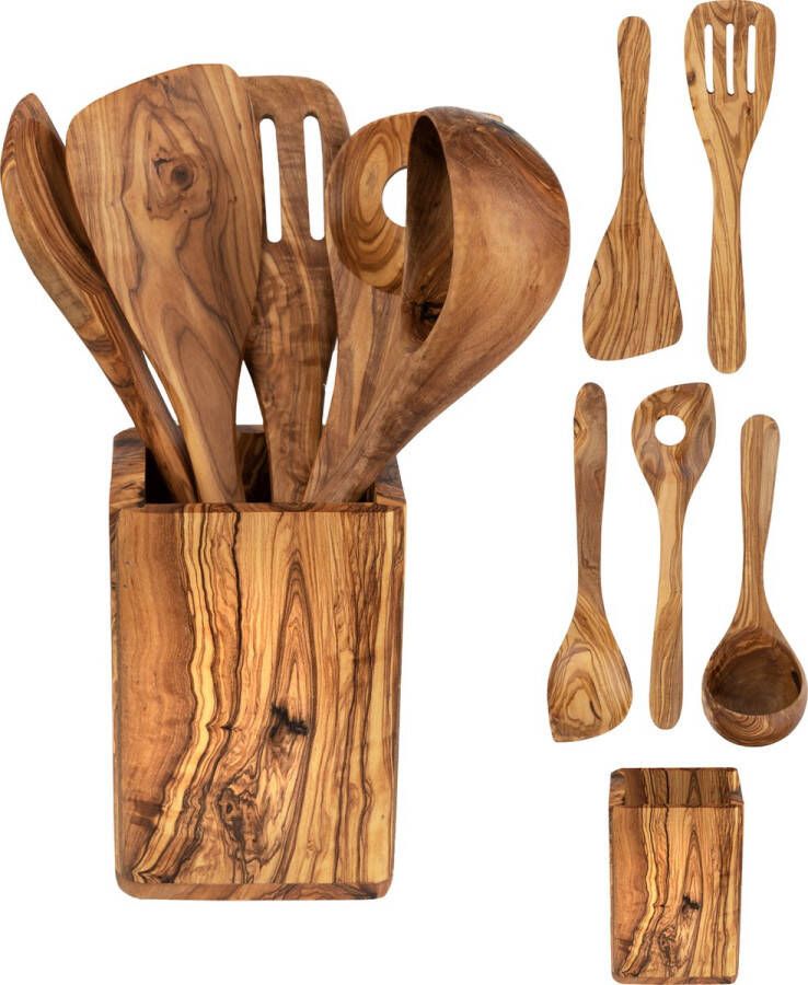 HappyWoods Kookgerei Set 6-Delig met Vierkante Houder – Keuken Accessoires – Keukengerei uit Ecologisch Natuurlijk Olijfhout