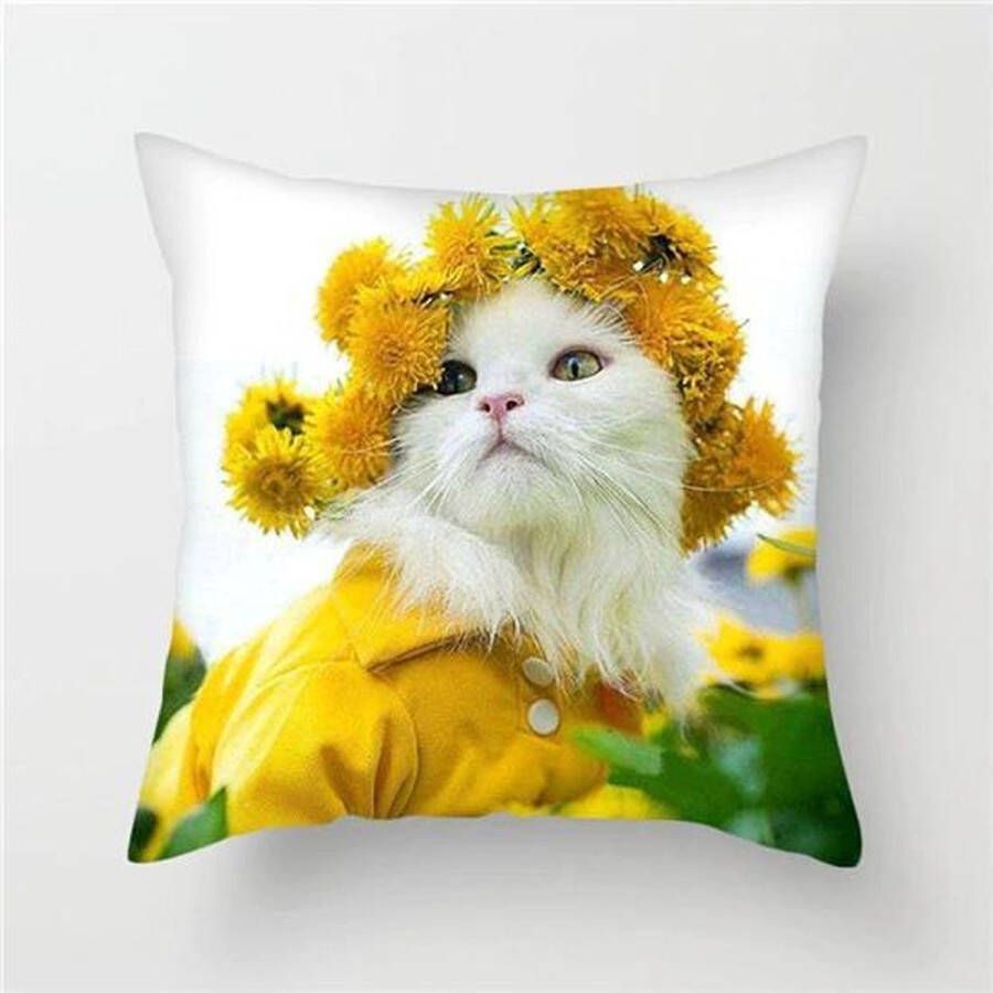 Harani Kussenhoes witte poes met gele bloemen (45 x 45 cm)