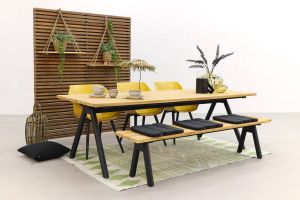 Hartman tuinset Sophie Studio Yellow Mason teak tafel 240 cm. + bank 5-delig