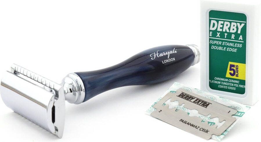 Haryali London Classic Double Edge (DE) veiligheidsscheermes verchroomd met gesloten kam voor heren en dames Inclusief 5 Mesjes ( Blauw )