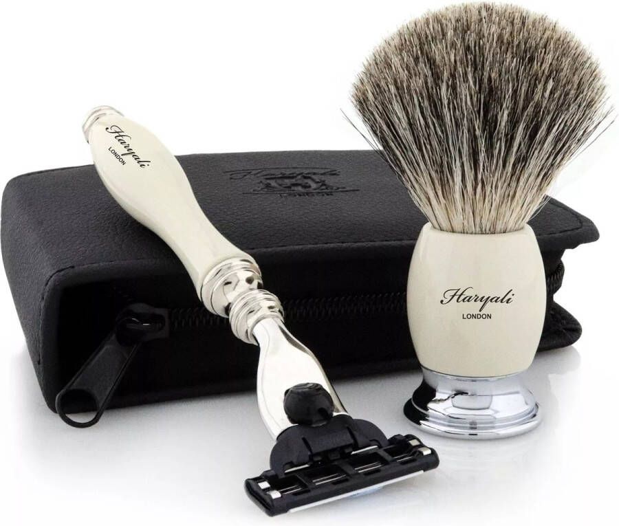 Haryali London Scheerset voor heren scheermes met 3 randen scheerkwast en etui reisscheerset voor heren 2-delige scheerset in gebroken witte kleur