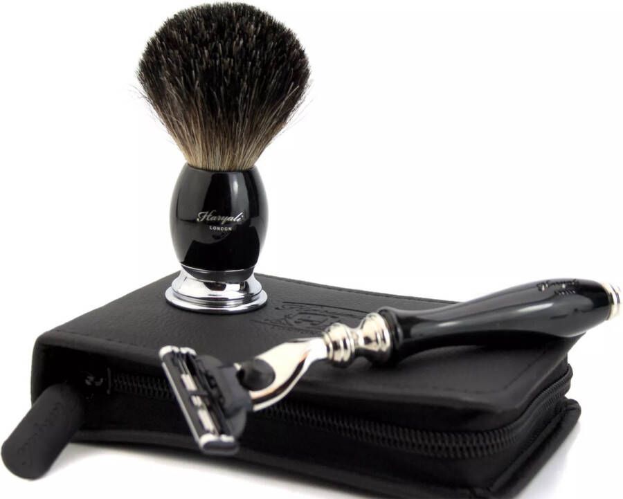 Haryali London Scheerset voor heren scheermes met 3 randen scheerkwast en etui reisscheerset voor heren 2-delige scheerset in zwarte kleur