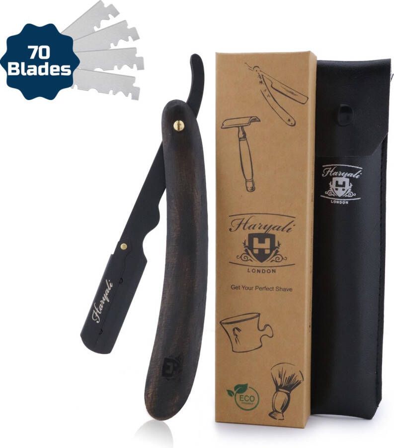 Haryali London Shavette Open Scheermes Black Wood + 70 Single Edge Scheermesjes Klassiek barbiersmes straight razor voor mannen Cut throat razor Nekmes Klassiek klap scheermes Safety razor Feather mes