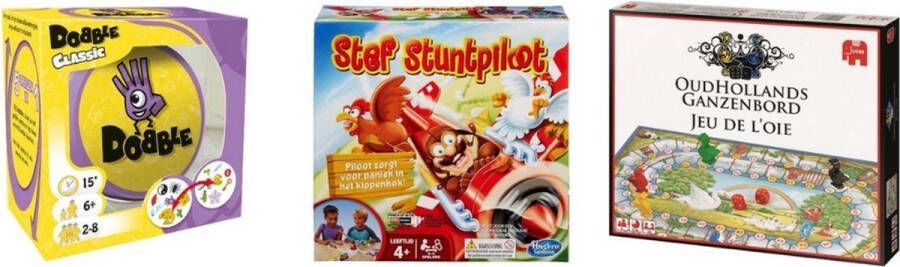 Hasbro Spellenbundel 3 Stuks Dobble Classic & Ganzenbord & Stef Stuntpiloot