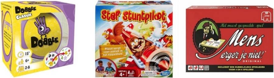 Hasbro Spellenbundel 3 Stuks Dobble Classic & Mens Erger Je Niet & Stef Stuntpiloot