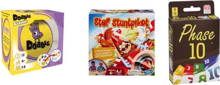 Hasbro Spellenbundel 3 Stuks Dobble Classic & Phase 10 & Stef Stuntpiloot