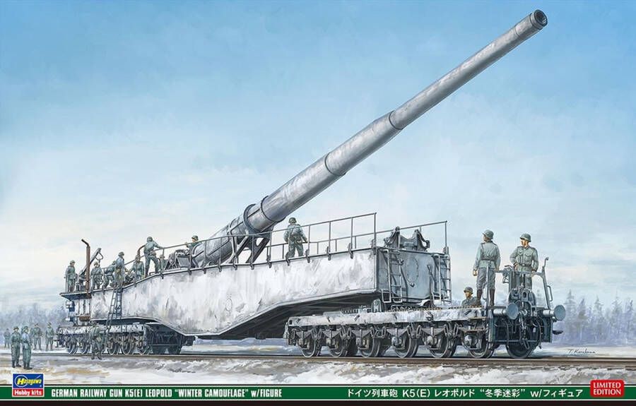 Hasegawa 1:72 30070 German Railway Gun K5 (E) Leopold Winter Camouflage met Figuren Plastic Modelbouwpakket
