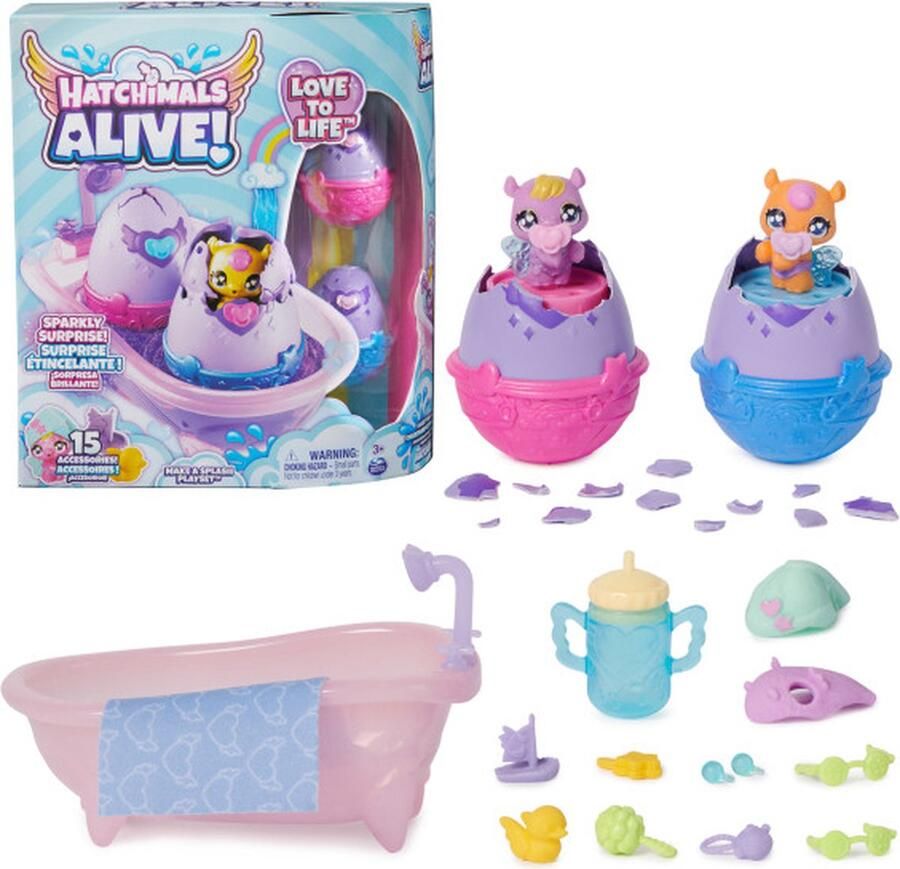 Hatchimals Alive Maak een Plons Speelset met 15 accessoires badkuip 2 van kleur veranderende minifiguren in eieren die zelf uitkomen