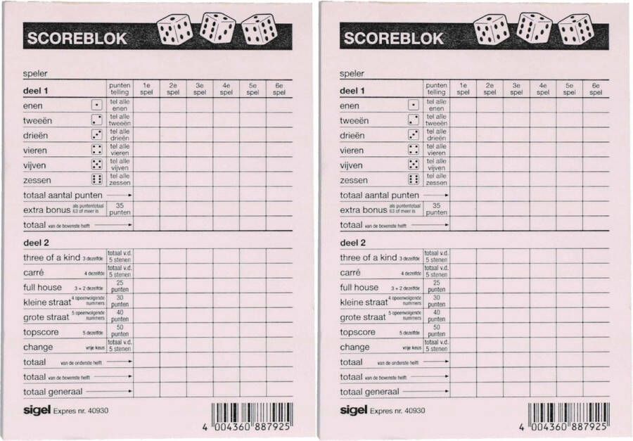 Sigel 2x Scoreblokken Yahtzee 100 vellen Familiespellen Dobbelspellen Dobbelspel Scoreblokken scorekaarten Score notitieblok