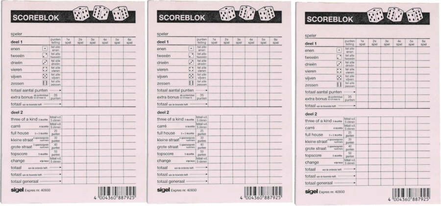Sigel 3x Scoreblokken Yahtzee 100 vellen Familiespellen Dobbelspellen Dobbelspel Scoreblokken scorekaarten Score notitieblok