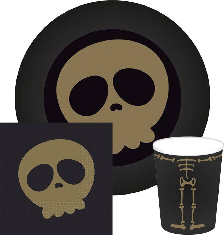Haza Halloween horror doodshoofd schedel feest servies bordjes servetten bekertjes 52x zwart papier