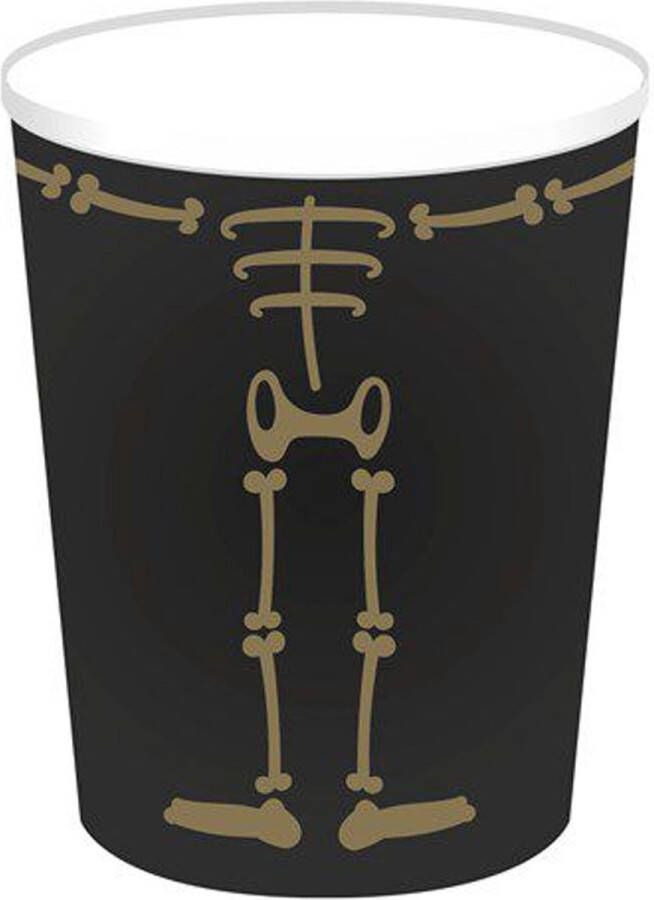 Haza Original Halloween horror skelet feest bekers 8x zwart papier 250 ml Feestbekertjes