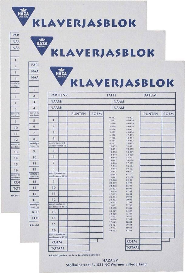 Haza Klaverjassen scoreblok 3x 50 vellen Kaartspellen Klaverjassen score notitieblok