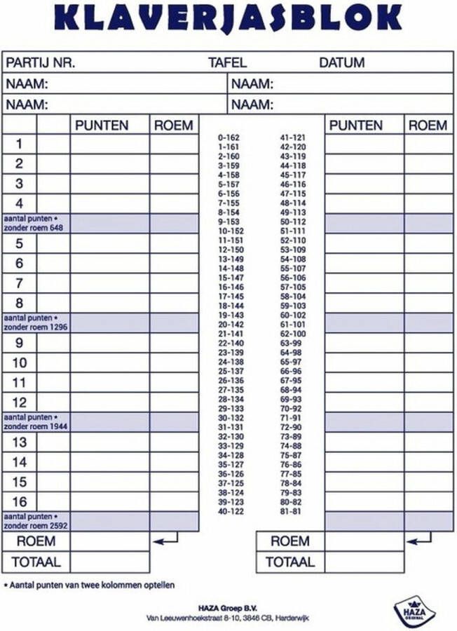 Haza 1x Scoreblokken Klaverjassen 50 vellen Kaartspellen Familiespelletjes Klaverjassen score notitieblok