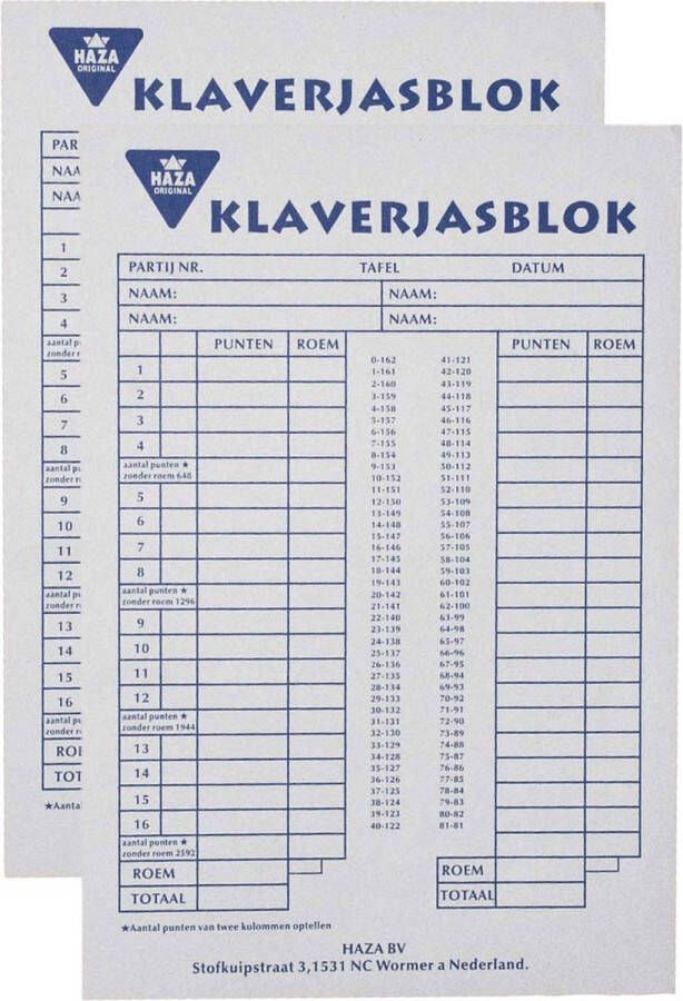 Haza Klaverjassen scoreblok 2x 50 vellen Kaartspellen Klaverjassen score notitieblok