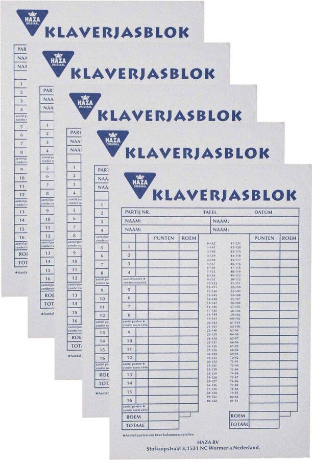 Haza Klaverjassen scoreblok 5x 50 vellen Kaartspellen Klaverjassen score notitieblok