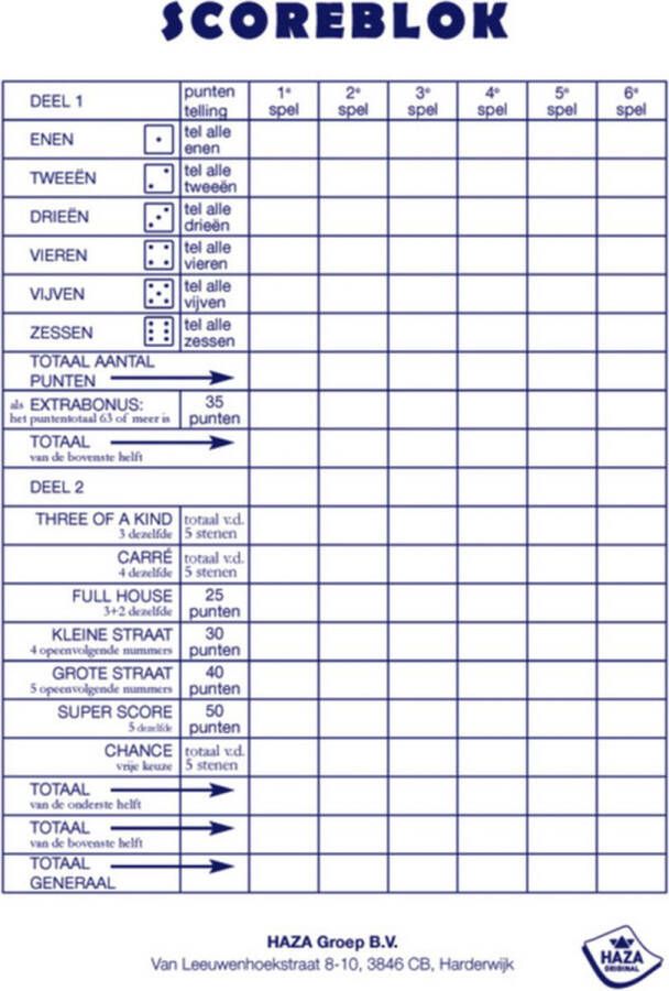 Haza Yahtzee spel set compleet 1x Scoreblokken 250 vellen met 6 dobbelstenen en bekertje Dobbelspellen Familiespelletjes Yahtzee score notitieblok