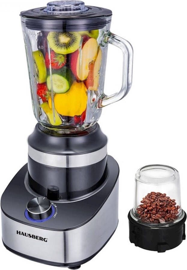 HAUSBERG Blender Smoothie maker Blender Met Grinder Koffiemaler 2 in 1 Glazen Kan 1.5 Liter 500W RVS