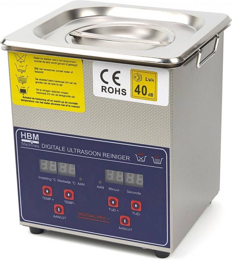 HBM machines 2 Liter Professionele Ultrasoon Reiniger (100 Watt Verwarming)