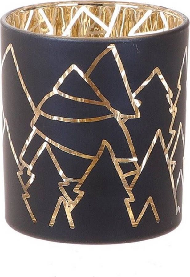 HBX natural living Theelichthouder Dourdan Ø7xh8 2cm met kerstbomen print in zwart goud