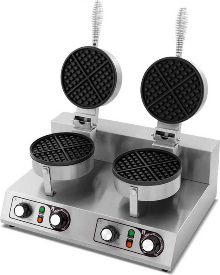 HCB Professioneel dubbel Horeca wafelijzer met timer voor 2 ronde wafels 230V Wafelmaker van RVS INOX 52x38x28 cm (BxDxH) 10.4 kg 1063