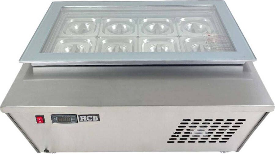 HCB Professionele Horeca Opzet schepijsvitrine 8 x 1 6 GN 80 5 cm 230V IJs vitrine 80.5x66.5x30.5 cm (BxDxH) 38 kg 7651