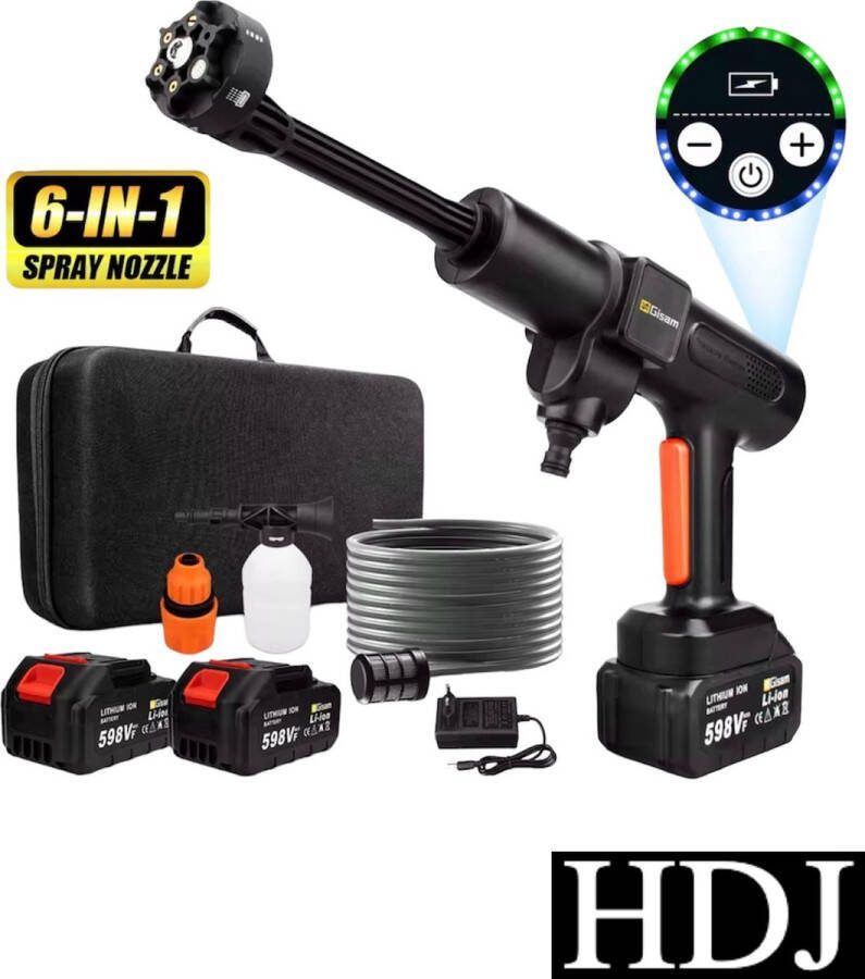 HDJ 6-in-1 Draadloze Hogedrukreiniger 35 BAR Krachtige Koperen Motor Roestvrijstalen Fijnfilter Draagbaar Tuin Waterpistool Multi-Angle Spuitmond Inclusief Schuimfles Met Gratis Opbergtas