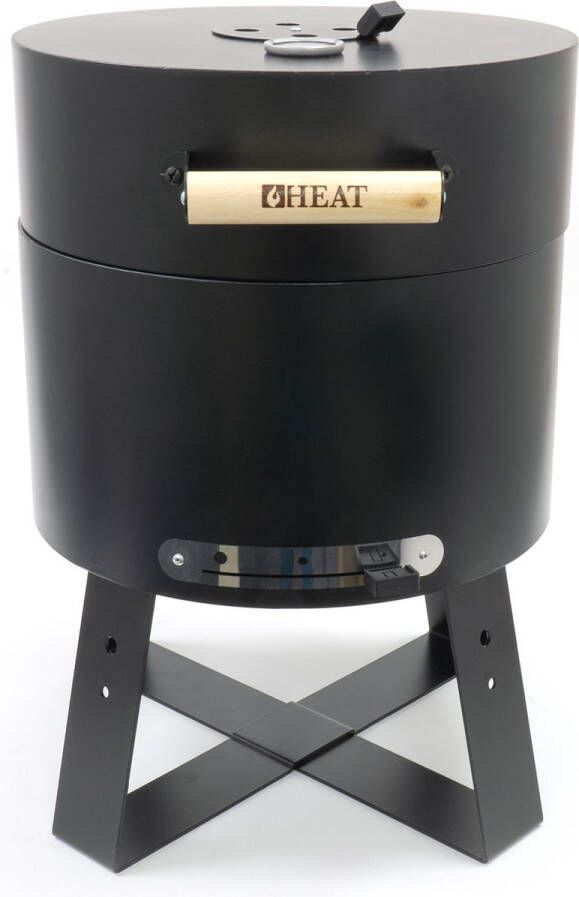 HEAT OUTDOOR LIVING HEAT Houtskool Barbecue Compacte Draagbare BBQ met Thermometer en Luchtregulatie Zwart Staal Inclusief Houten Handvat met Merklogo en Stalen Grillrooster Ideaal voor Camping Tuinfeesten en Picknicks 40x40x57 cm