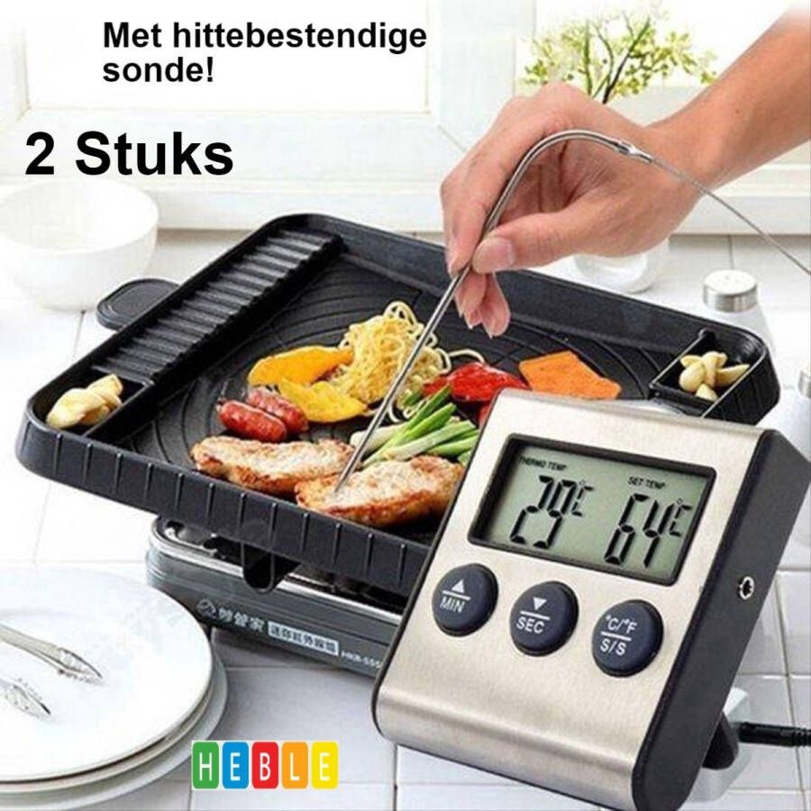 Heble *** 2 Stuks Digitale Keukenthermometer Vleesthermometer- Braad Thermometer timer Met timer functie -20 °C tot 250 °C- Incl. timer warmte alarm van ***