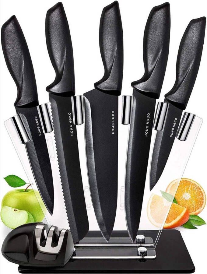 Heble *** 7-delige Keukenmessenset Inclusief Messenblok Acryl Blok en Messenslijper Perfect voor elke professionele keuken Met Schilmes Broodmes Kokmes en Vleesmes van ***