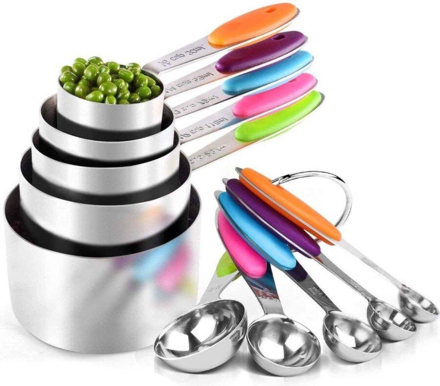Heble *** Luxe Maatbeker en Maatlepel Set 10-Delige Set in Kleurrijk Design RVS Meet nauwkeurig van 1.25ml tot 250ml Een Onmisbaar Stuk Keukengerei van ***