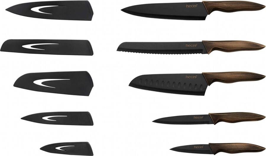 Hecef Kitchen Knife Set Stainless Steel Non Stick Black Colour Coating Blade Knives Includes 8'' Chef Knife 8'' Bread Knife 7'' Santoku Knife 5''Utility Knife and 3.5'' Paring Knife